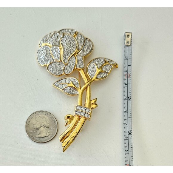 Nolan Miller Stemmed Rose Brooch, Gold Tone Clear Pave Pin Signed, J40 - Picture 7 of 8